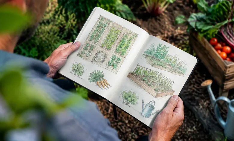 Jardinier tenant un carnet avec croquis de potager