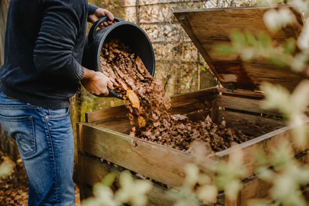 Jardinier verse feuilles mortes dans un composteur en bois