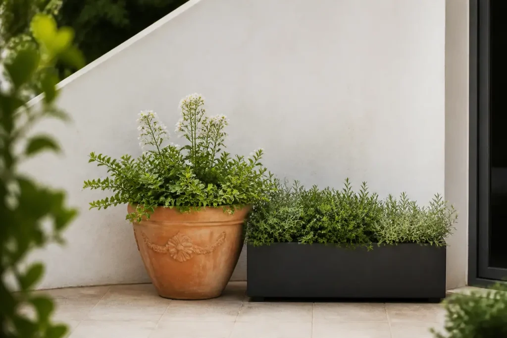 Jardiniere terracotta et bac noir contre un mur blanc