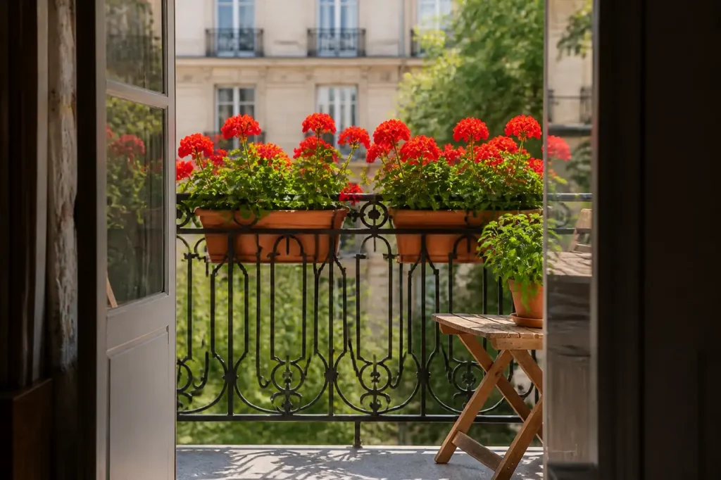 Jardinieres en terre avec geraniums rouges sur balcon