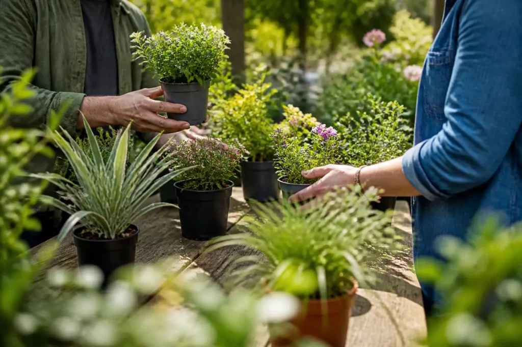 Jardiniers choisissent plants en pots sur table en bois