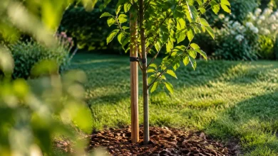 Jeune arbre droit sur tuteur, paillis au pied