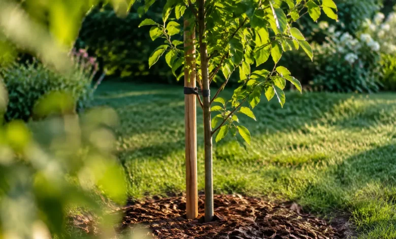 Jeune arbre droit sur tuteur, paillis au pied