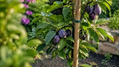 Jeune arbre aux fruits violets maintenu par un tuteur