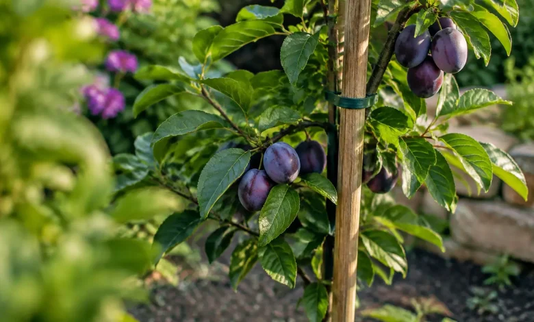 Jeune arbre aux fruits violets maintenu par un tuteur