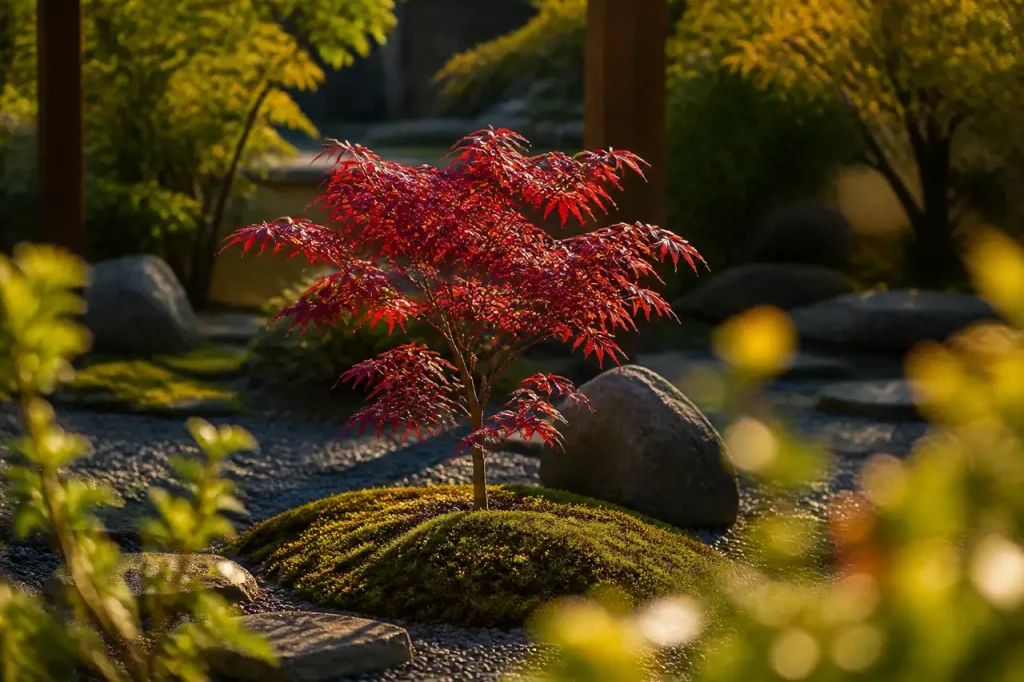Jeune erable japonais au feuillage rouge dans un jardin