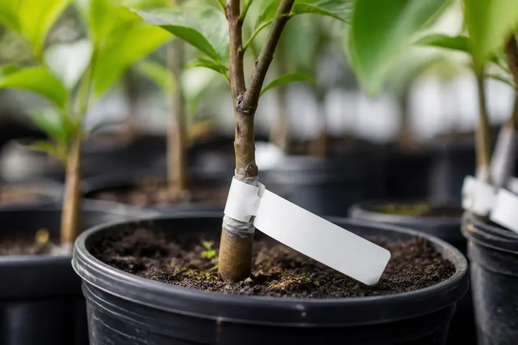 Jeune plant greffe avec etiquette blanche sur le pied