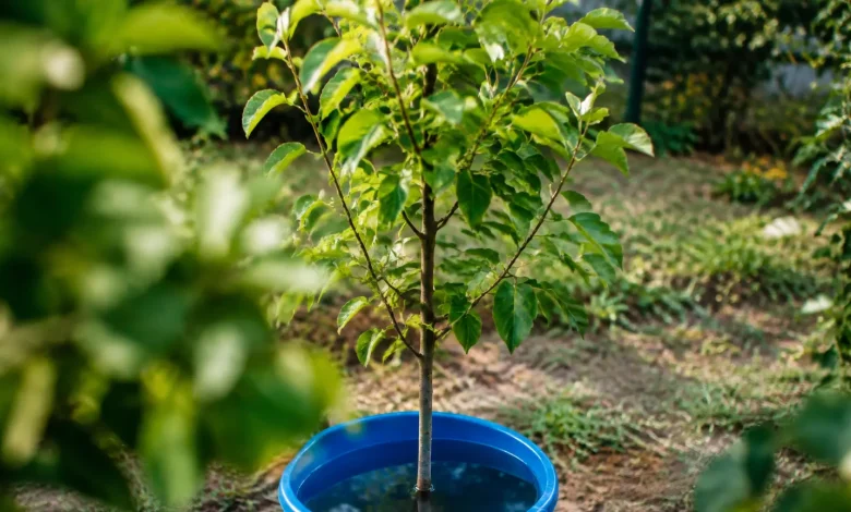 Jeune pommier debout, base immergee dans un seau bleu