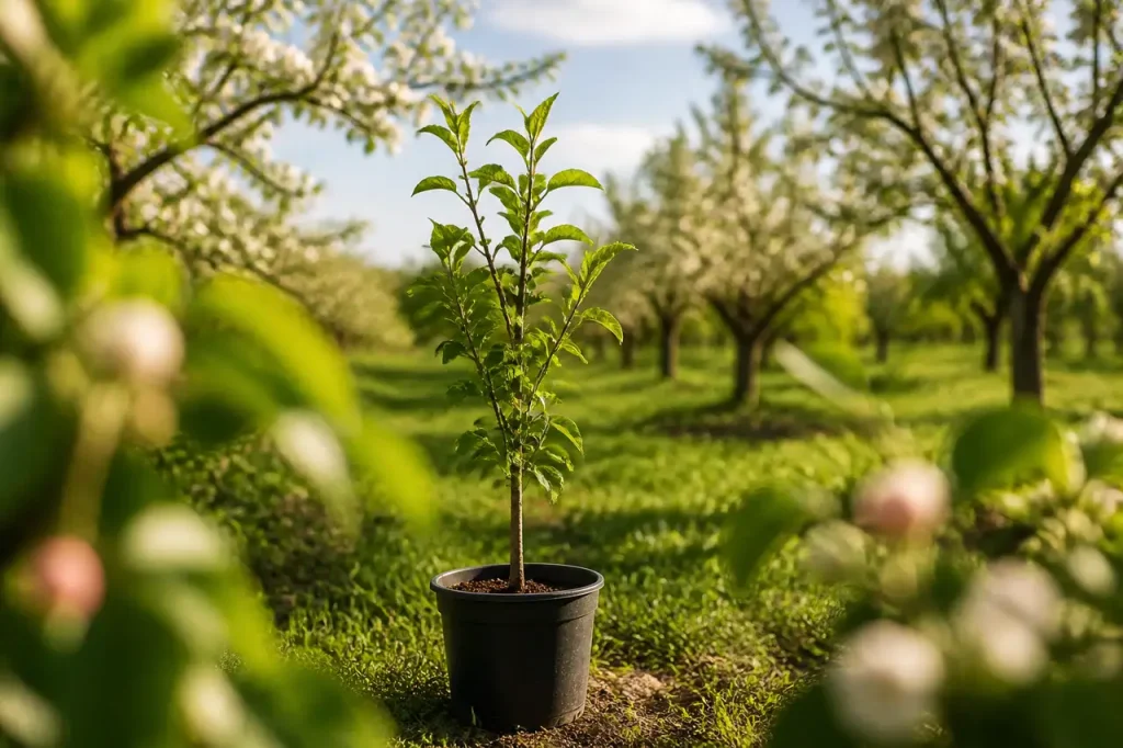 Jeune pousse en pot posee dans un verger ensoleille