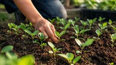 Jeunes pousses vertes en rangs sur terre brune