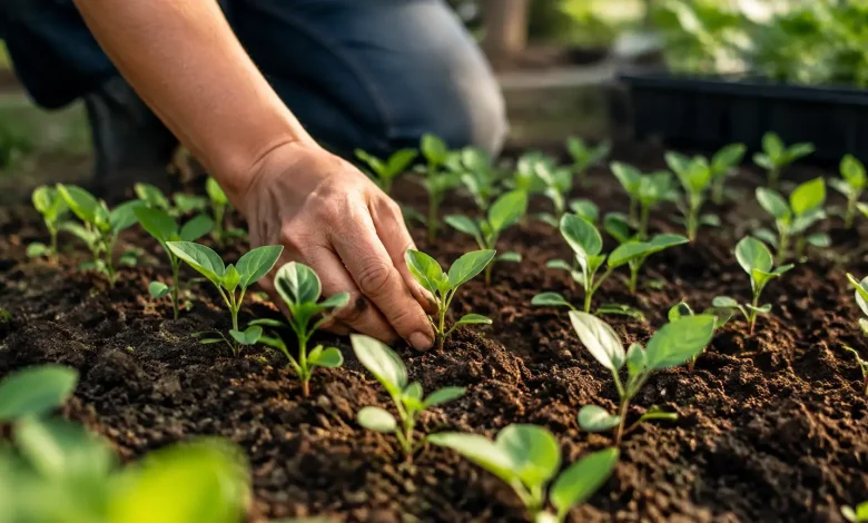 Jeunes pousses vertes en rangs sur terre brune