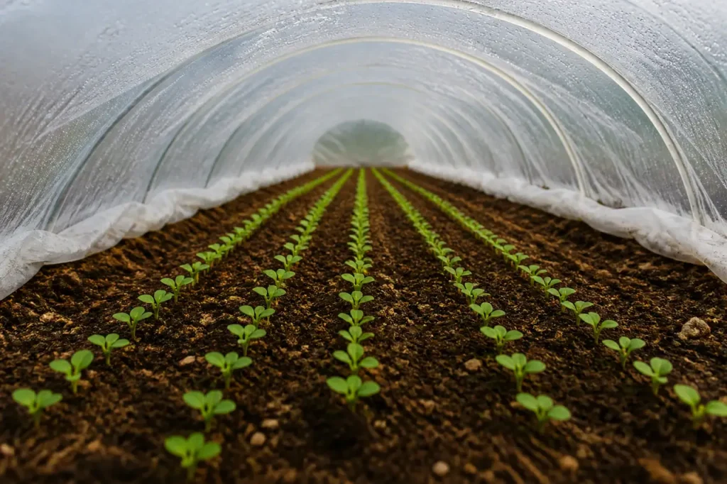 Jeunes semis verts alignes sous tunnel plastique gouttes d'eau
