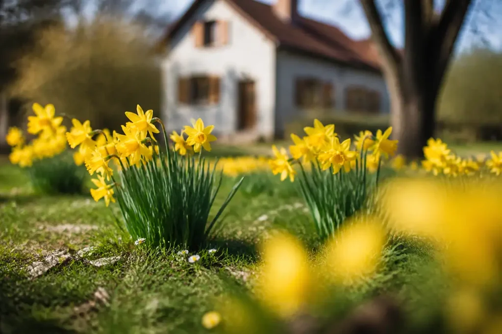 Jonquilles jaunes fleurissant dans une pelouse ensoleillee