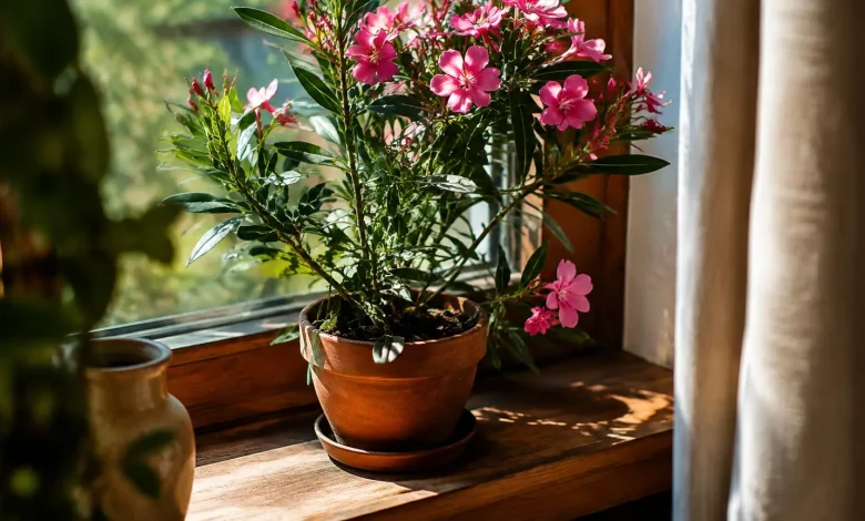 Laurier-rose en pot sur un rebord de fenetre