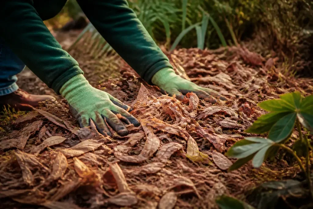 Main etalant couche de feuilles mortes brunes au jardin