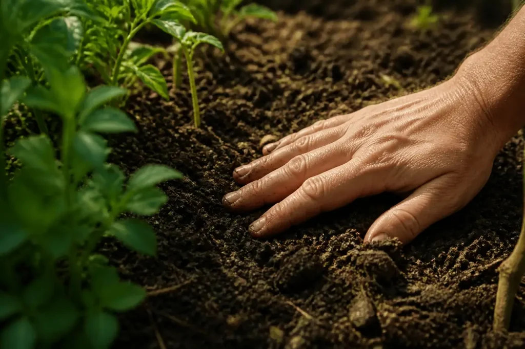 Main qui palpe une terre brune au jardin