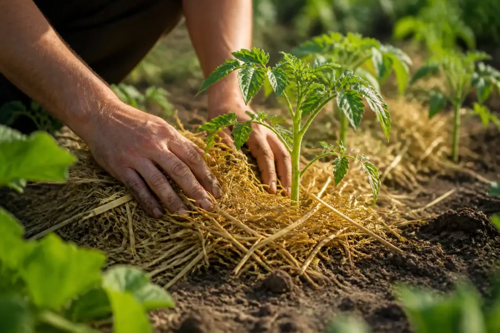 Mains etalant paille seche au pied de jeunes plants