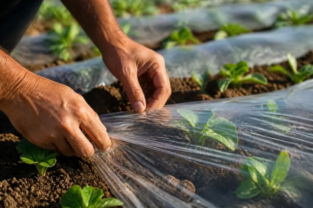 Mains fixant un film transparent sur des rangs
