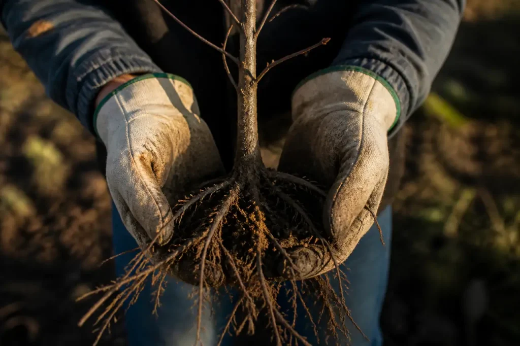Mains gantees tenant jeune arbre aux racines nues