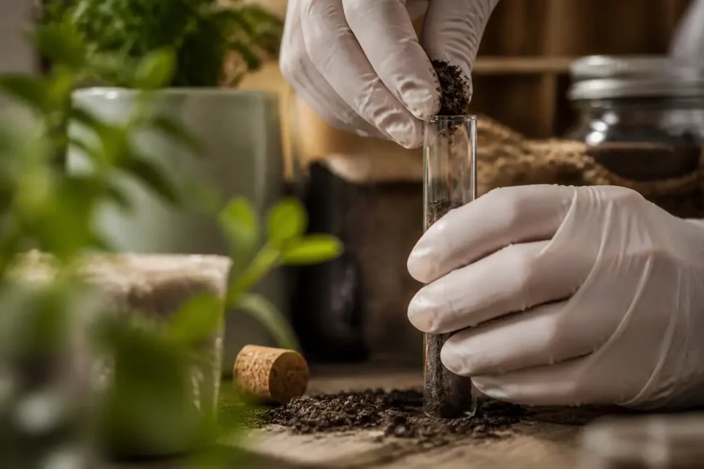 Mains gantees remplissant un tube transparent avec terre humide