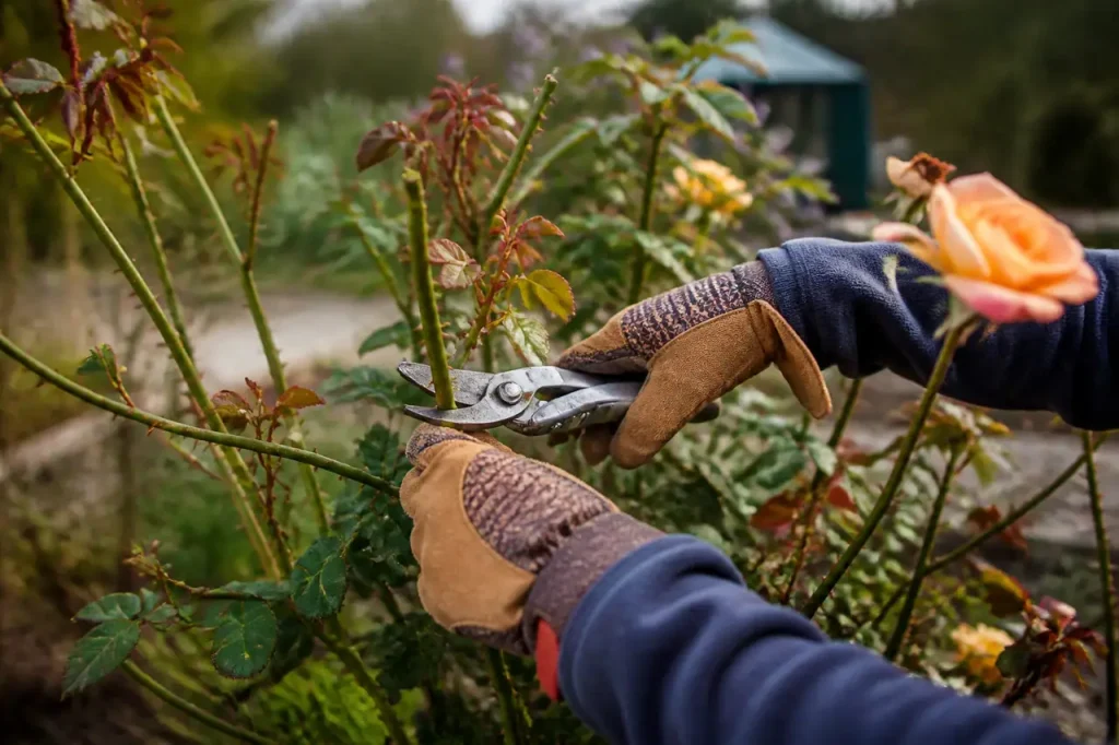 Mains gantees taillant un rosier dans un jardin