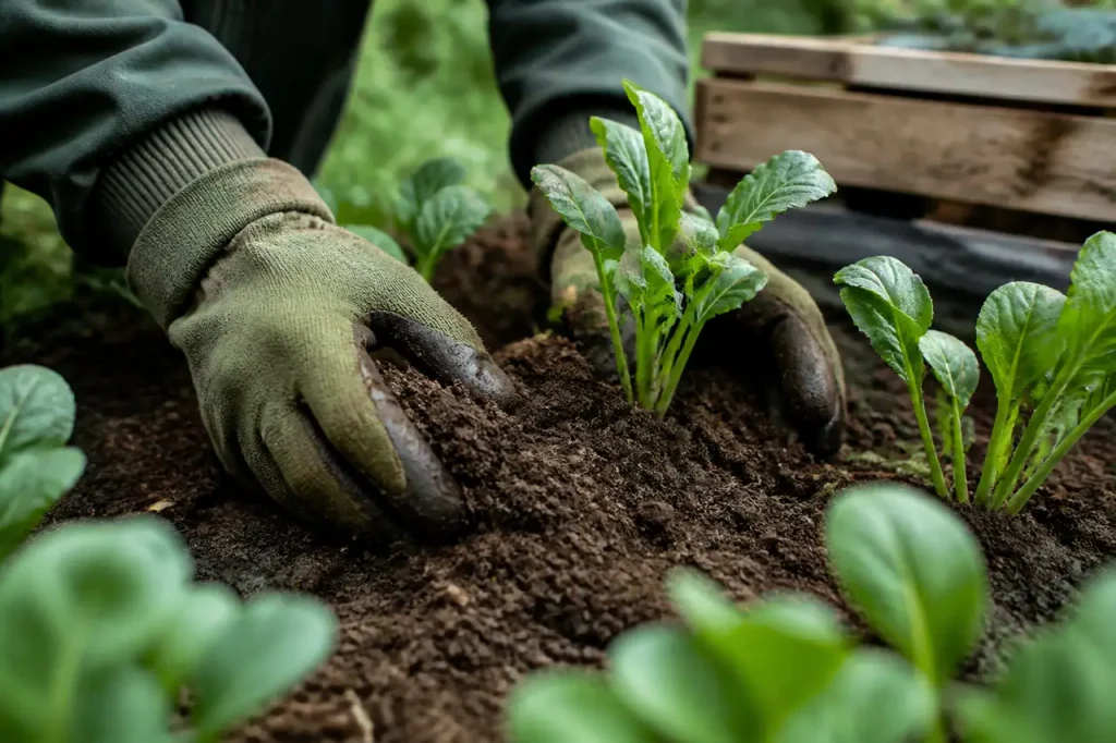 Mains gantees etalant une terre brune entre jeunes plants