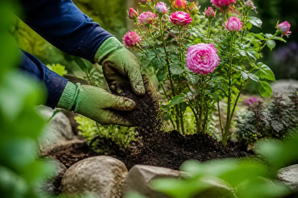 Mains gantees versant terreau sombre autour rosier fleuri