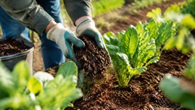 Mains gantees versant du compost brun entre des rangs