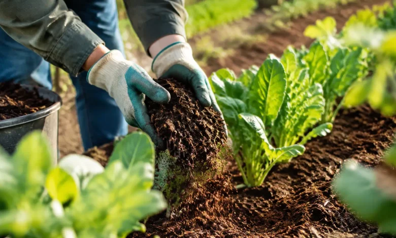Mains gantees versant du compost brun entre des rangs