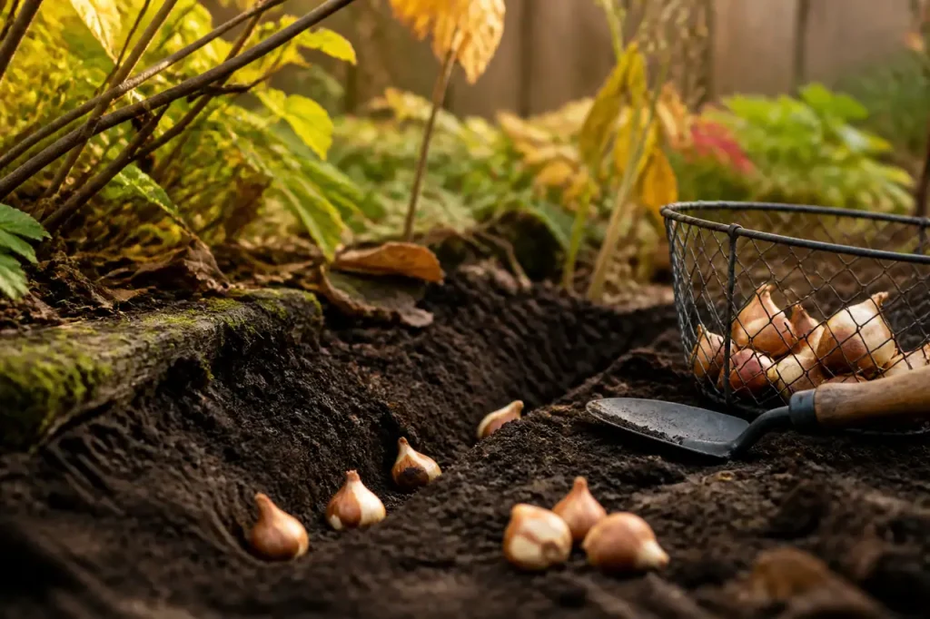 Mains plantant des bulbes dans un coin de terre