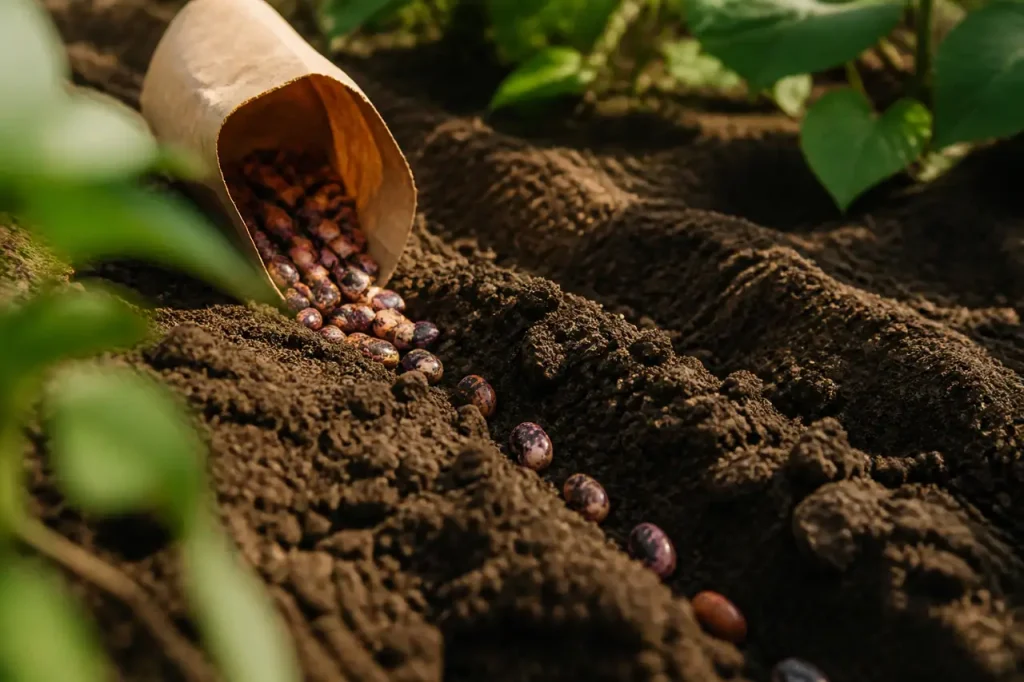 Mains plantant des haricots dans une terre brune