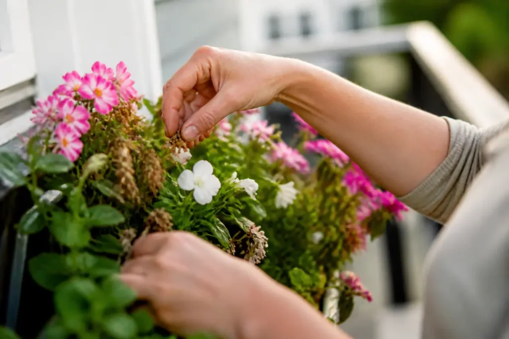 Mains retirant fleurs fanees dans jardiniere fleurie en exterieur