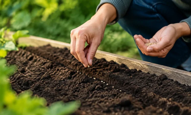 Mains semant des graines dans une planche de terre