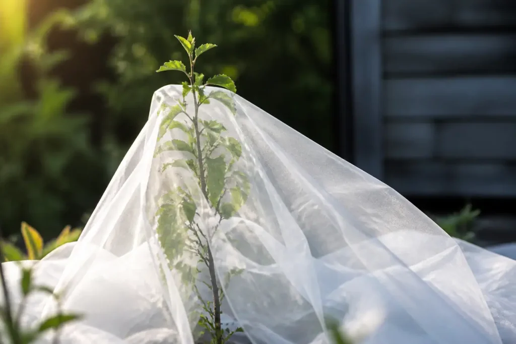 Mains tendant un tissu blanc sur jeune arbuste
