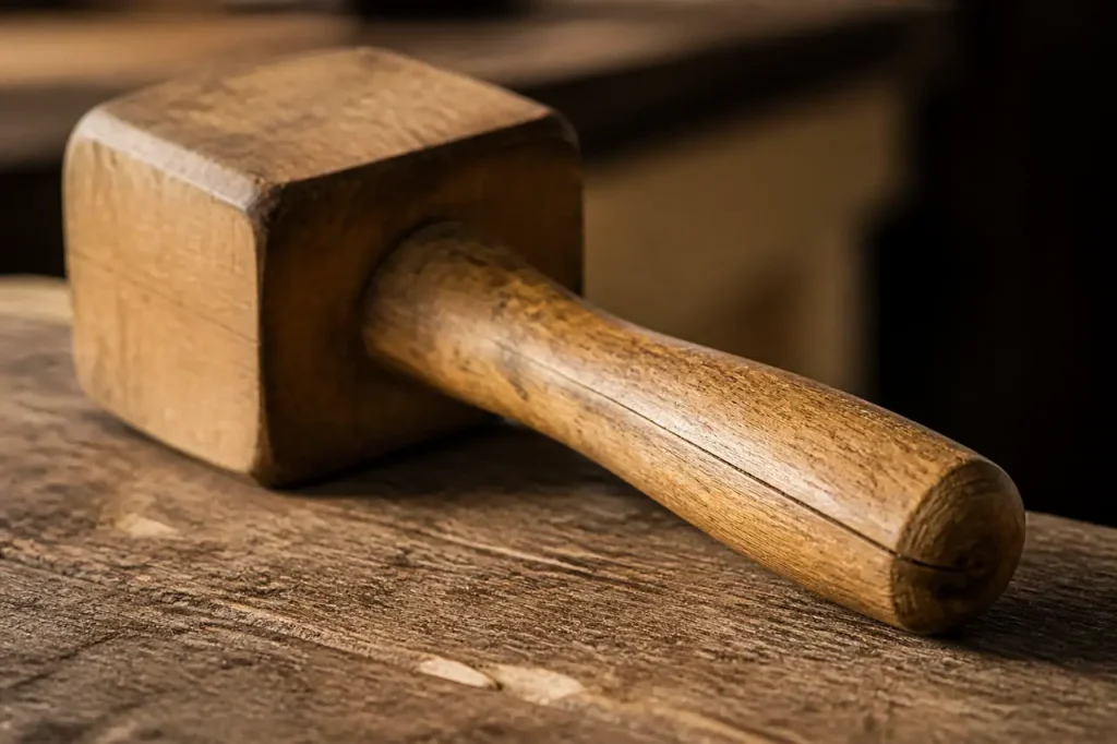 Marteau en bois avec fine fissure sur la poignee