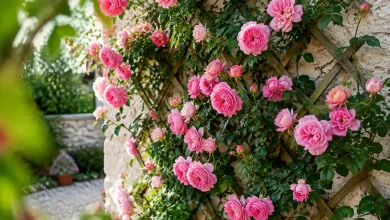 Massif de fleurs roses fixe a un treillis mural