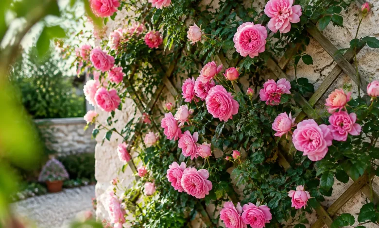 Massif de fleurs roses fixe a un treillis mural