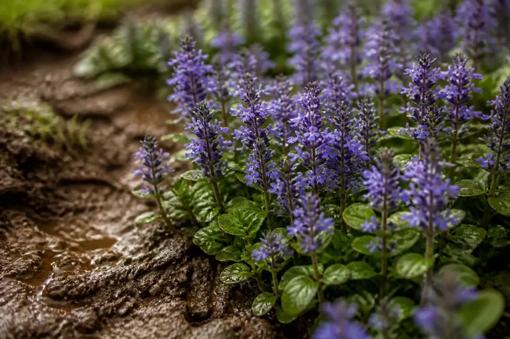 Massif de fleurs violettes en terre argileuse humide