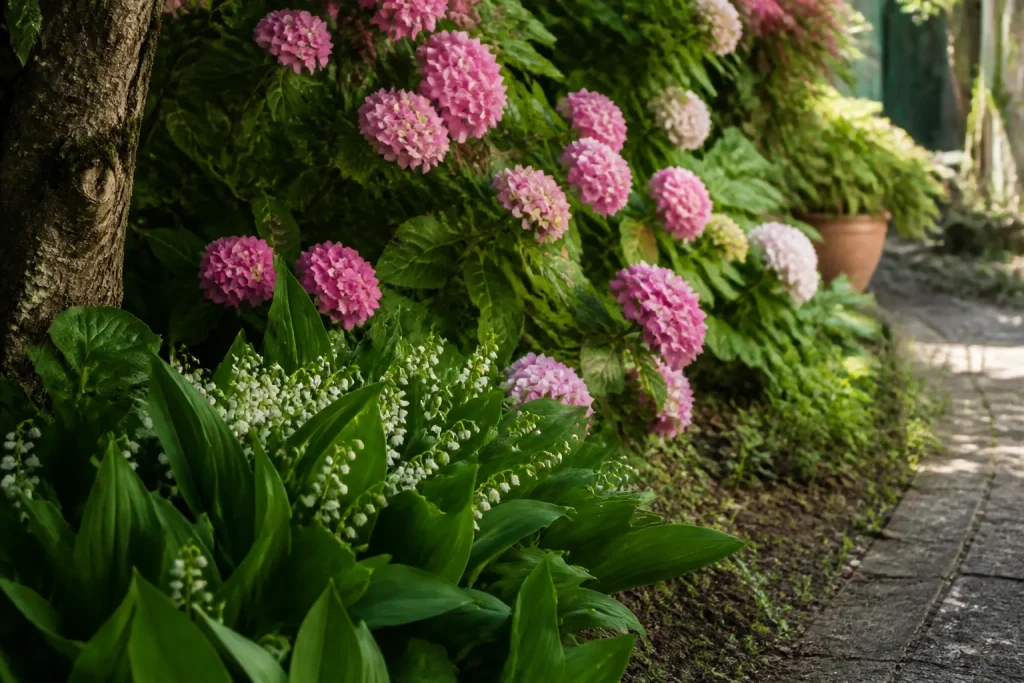 Massif ombrage aux hortensias roses et muguets blancs