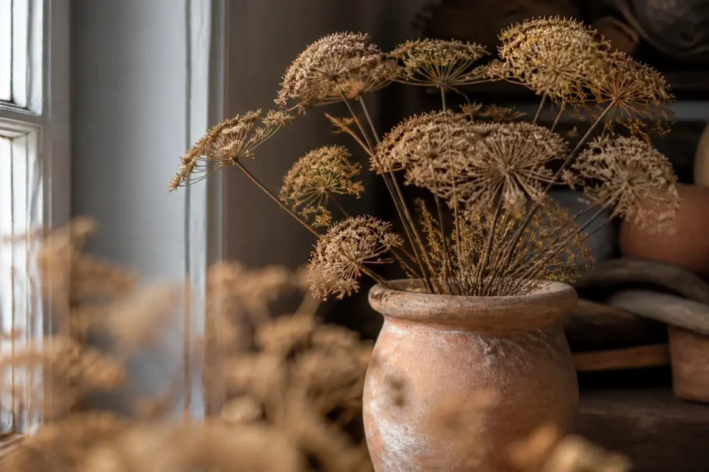 Ombelles brunies sur un pot de terre cuite