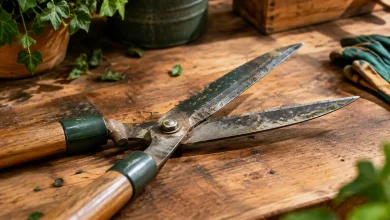 Outil de jardin lames tachees ouvertes sur un etabli