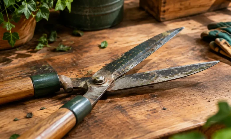 Outil de jardin lames tachees ouvertes sur un etabli