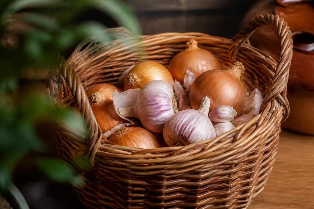 Panier en osier contenant oignons jaunes et ail