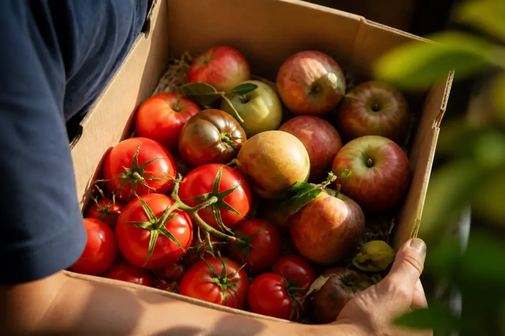 Panier de tomates et pommes dans un carton