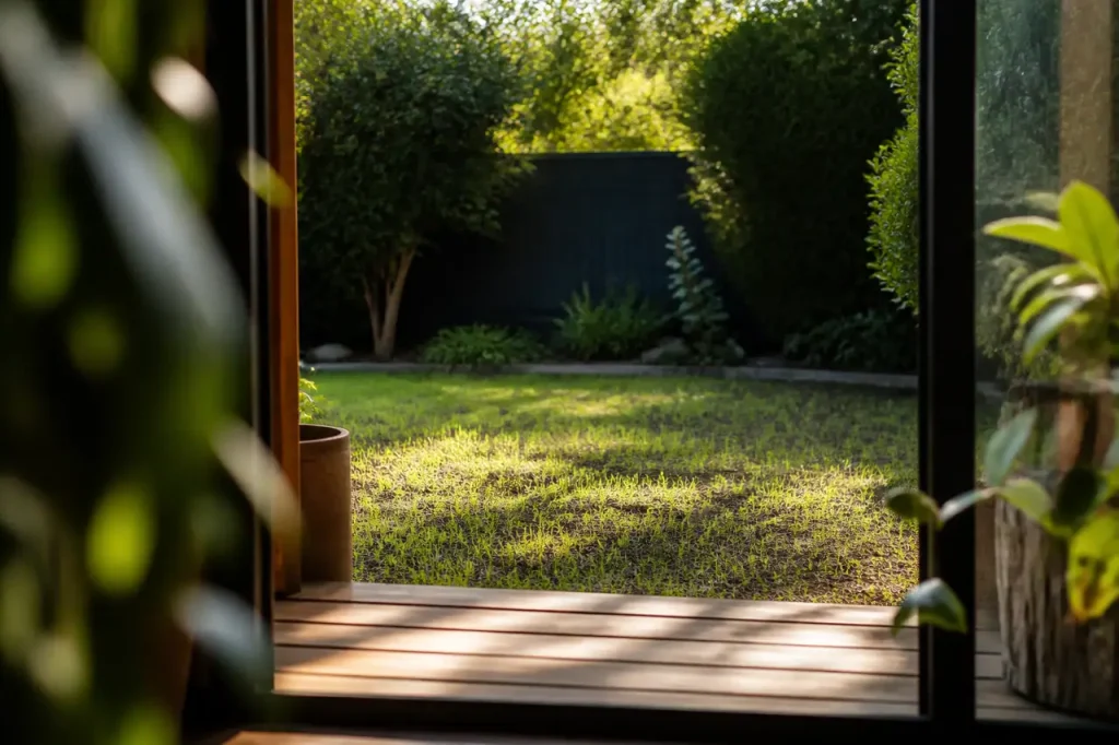 Pelouse ressemee avec terre fine et jeunes brins verts