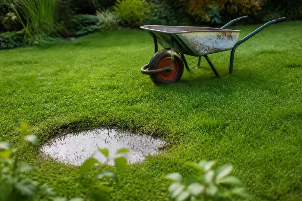 Pelouse verte avec petit trou rempli d'eau et brouette