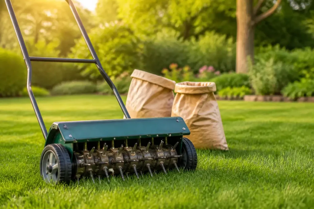Pelouse verte tondue avec aerateur et sacs d'engrais