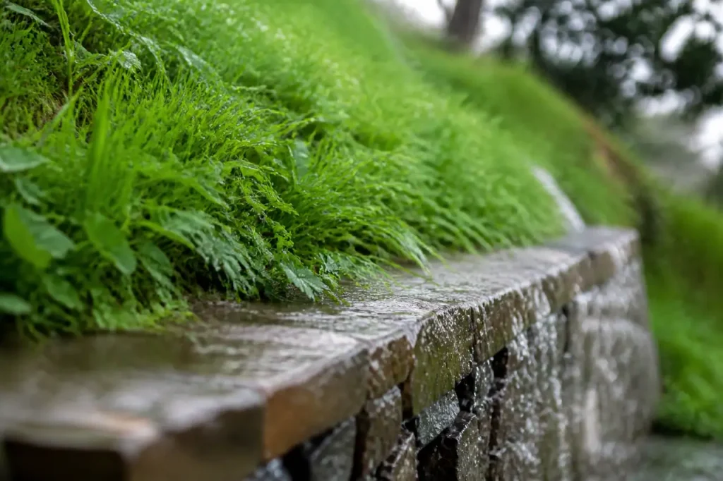 Pente herbeuse, pluie ruisselant vers un muret