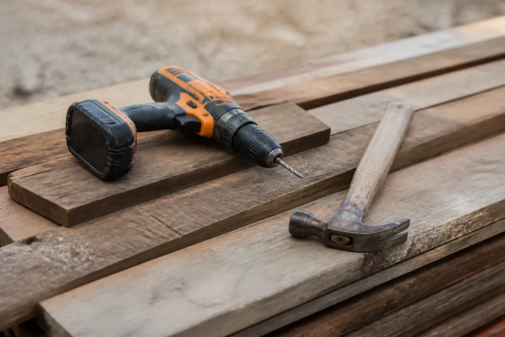 Perceuse visseuse et marteau poses sur planches en bois