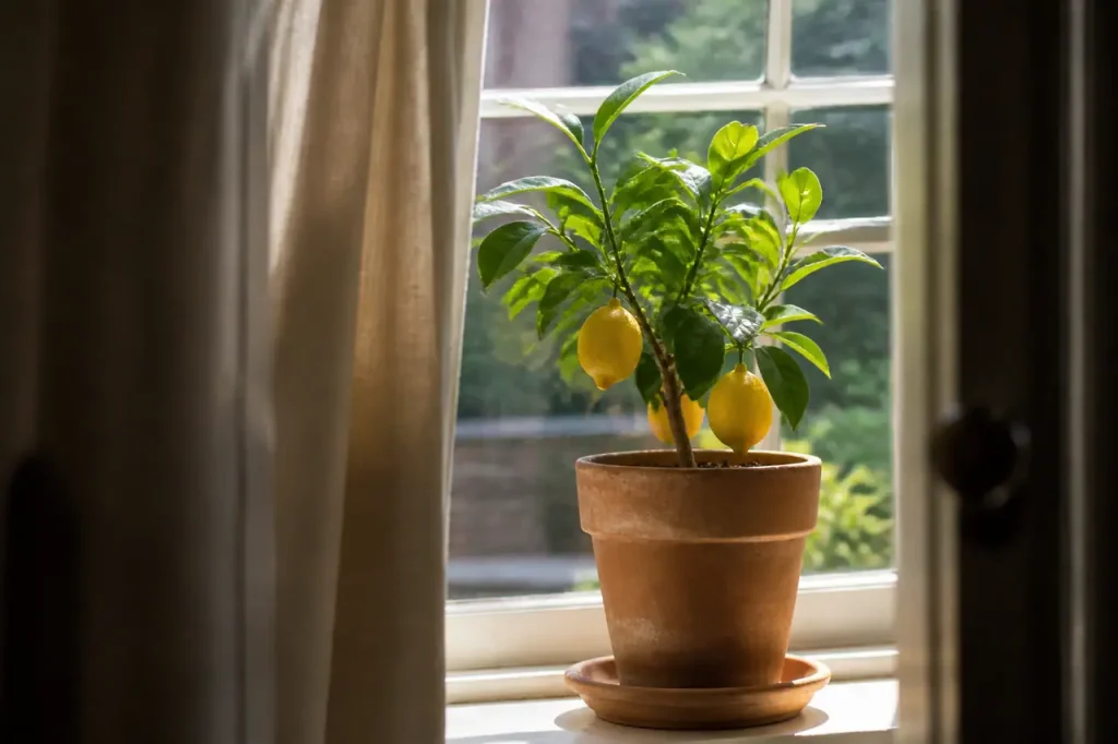 Petit citronnier en pot devant une fenetre lumineuse
